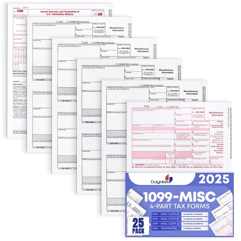 Dutymark 1099 MISC Forms 2025 Laser Tax Forms 4 Part Kit for 25 Individuals - Designed for QuickBooks and Accounting Software 1099 Misc 2025 - Image 5